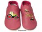 Preview: Lederpuschen altrosa-pink mit Namen hellgrün große und kleine Traktoren hellgrün-rot